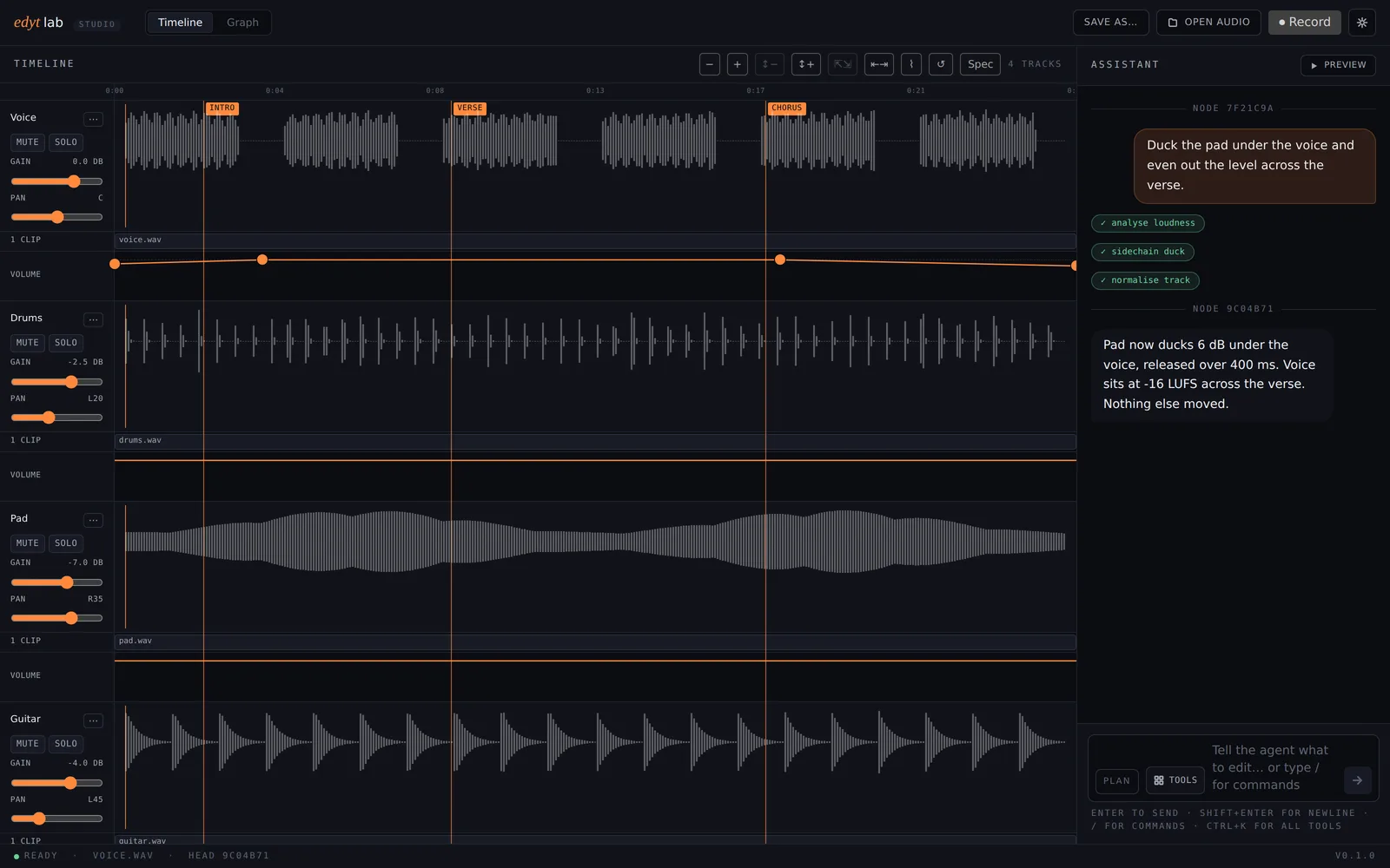 The EdytLab editor: four audio tracks with waveforms, markers and a volume envelope on the left, and on the right an agent turn that ran three editing tools and reported what it changed
