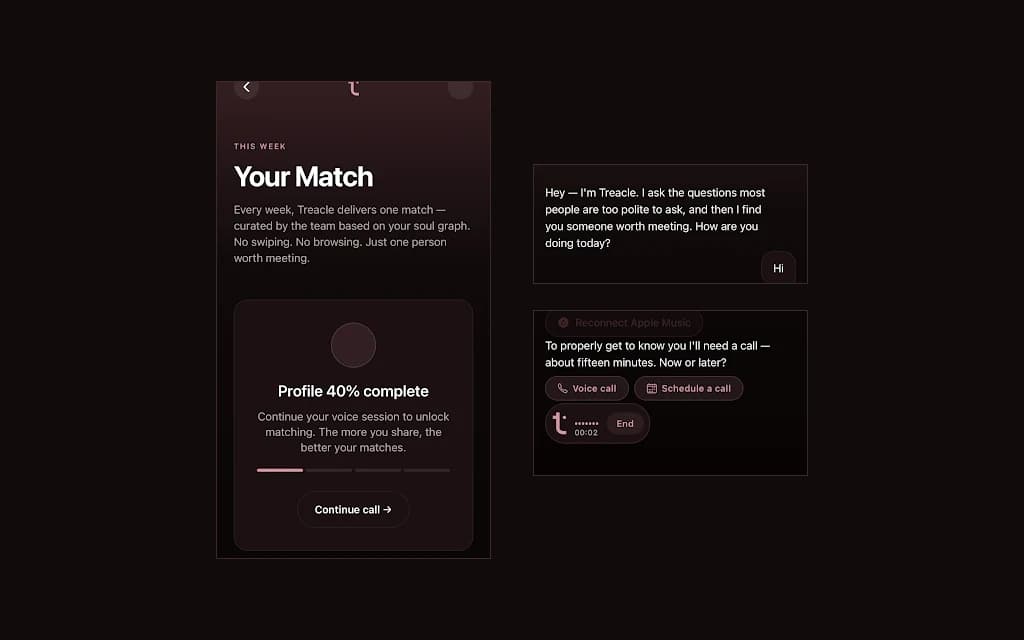Three screens from Treacle: the weekly match, which delivers one curated person rather than a feed to browse; the assistant opening a profiling conversation; and a voice call running, with the option to schedule one instead